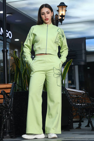 ONE SKY Women's Floral Printed Crop Tracksuit | Cotton Blend Co-ord Set with Zipper Mock Collar Top & Slip-On Pants | 2 Pockets