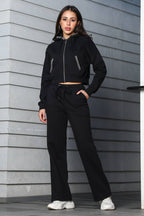 ONE SKY Women's Front Open Crop Tracksuit | Cotton Blend Co-ord Set with Hooded Zipper Top & Drawstring Pants | 4 Pockets