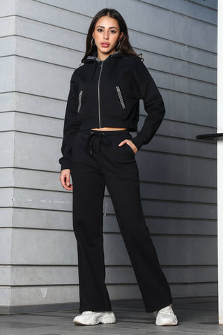 ONE SKY Women's Front Open Crop Tracksuit | Cotton Blend Co-ord Set with Hooded Zipper Top & Drawstring Pants | 4 Pockets