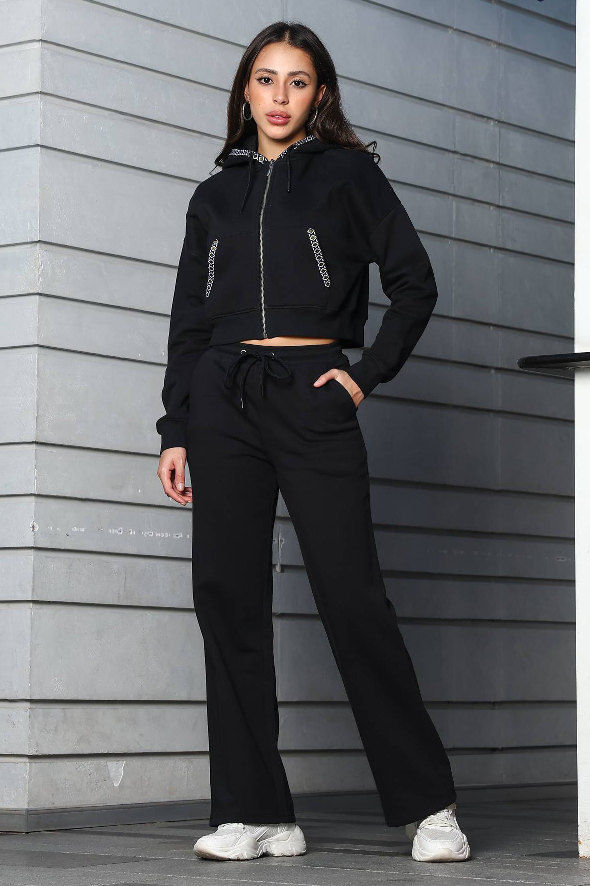 ONE SKY Women's Front Open Crop Tracksuit | Cotton Blend Co-ord Set with Hooded Zipper Top & Drawstring Pants | 4 Pockets