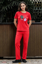 WOMEN ROUND NECK RED HALF SLV  CO-ORD SET