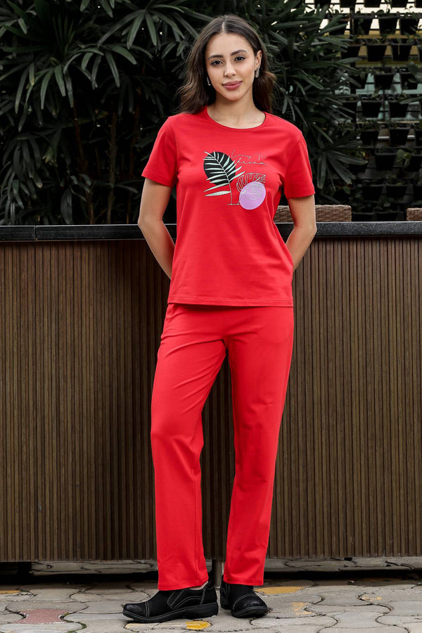 WOMEN ROUND NECK RED HALF SLV  CO-ORD SET