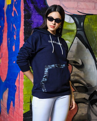 Women's Typography & Unique Printed Hoodie, Navy Blue Sweatshirt