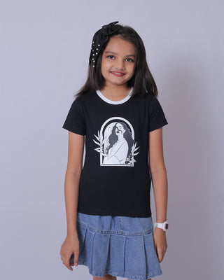 Girls Black Round Neck T-Shirt