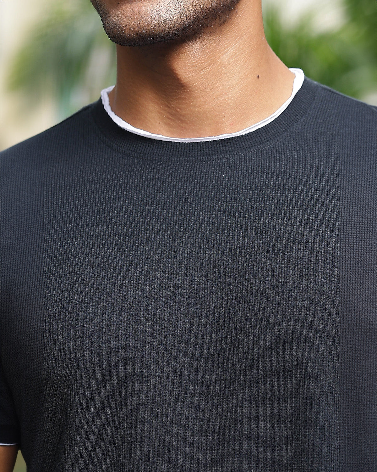 Men's Black Self Textured Full Sleeve Crew Neck T-shirt