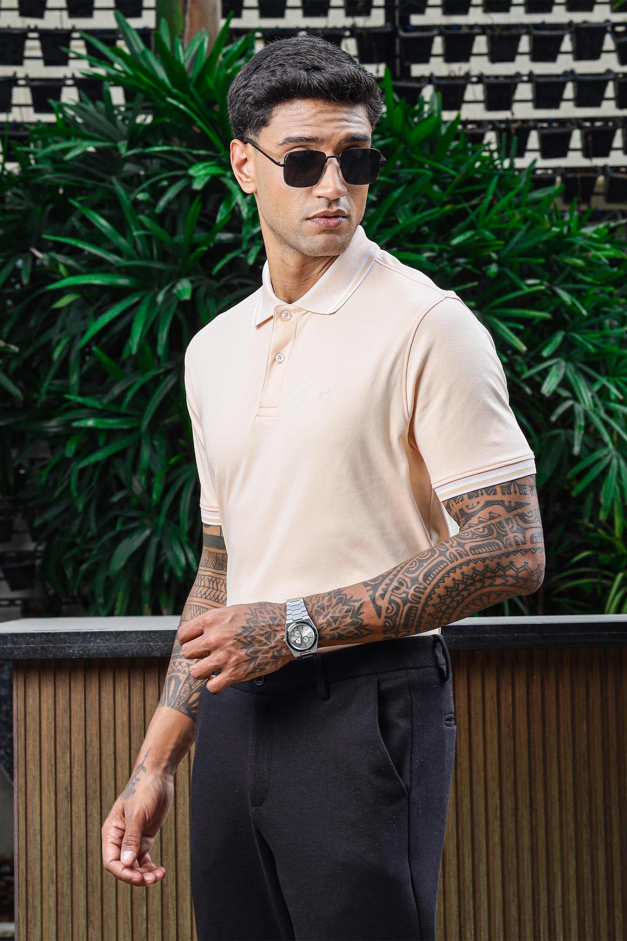 ONE SKY Men's 100% Cotton Polo Self-Design T-Shirt