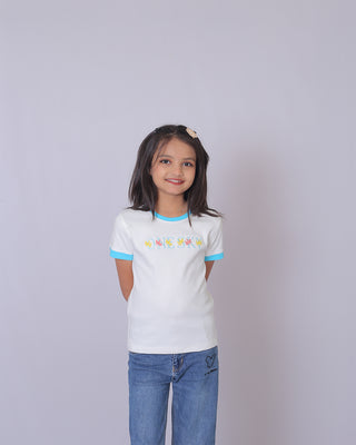 Girls White Round Neck T-Shirt