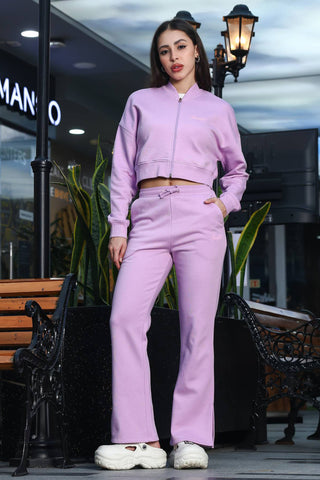 ONE SKY Women's Printed Crop Tracksuit | Cotton Blend Co-ord Set with Zipper Stand Collar Top & Drawstring Pants | Typographic Design & 2 Pockets