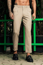 ONE SKY Men’s Cotton Spandex Pleated Trousers | Mid Rise Casual Pants with Button & Zip Closure | 4 Pockets | Solid Color | Machine Wash