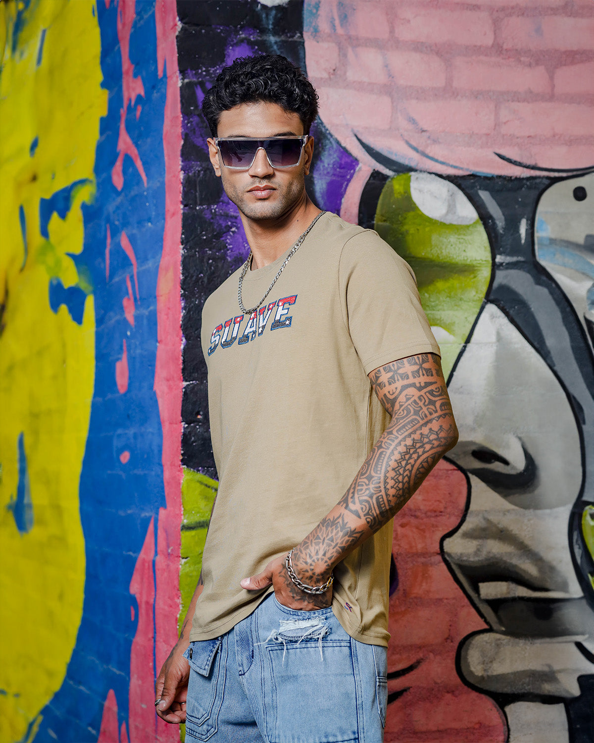 Men's Patrified Oak Colored "Suave" Embroidered Pure Cotton Tshirt