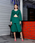 Women's Chic Balloon Sleeve Knee-Length Green Dress with Front Cut-Out and Tie
