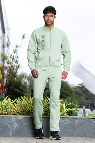 Men’s Typography Printed Tracksuit Set | Stand Collar Zip-Up Jacket & Slip-On Joggers | Cotton Blend | Mid-Rise Flat Front | 4 Pockets | Long Sleeves | Casual Athleisure