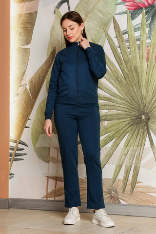 ONE SKY Women's Front Open Tracksuit | Cotton Blend Solid Co-ord Set | Zipper Jacket & Slip-On Pants with 4 Pockets