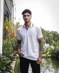 Men's White Polo T-Shirt with 'Positive Mindset Brings Peace' Print on Collar and Sleeves