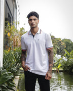 Men's White Polo T-Shirt with 'Positive Mindset Brings Peace' Print on Collar and Sleeves