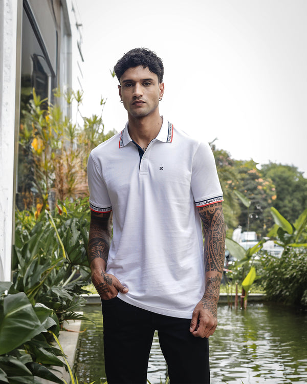 Men's White Polo T-Shirt with 'Positive Mindset Brings Peace' Print on Collar and Sleeves