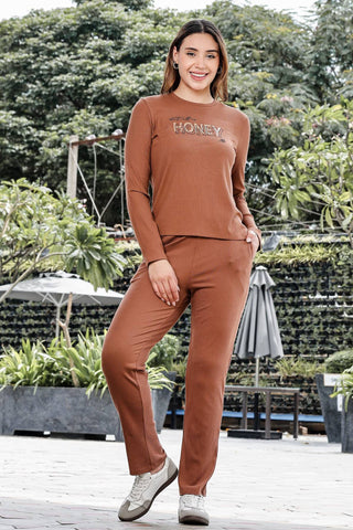 WOMEN ROUND NECK BROWN FULL SLV  CO-ORD SET