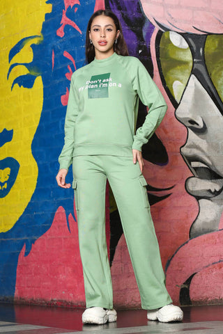 ONE SKY Women's Printed & Typographic High Neck Tracksuit | Cotton Blend Long Sleeve Top & Mid-Rise Slip-On Flat Front Pants | 6 Pockets