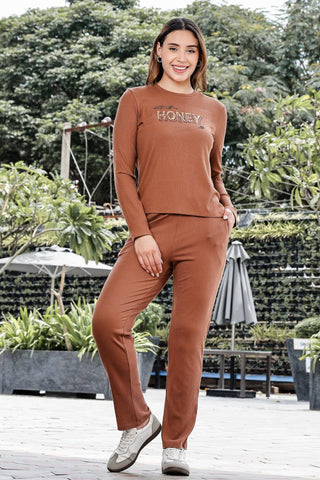 WOMEN ROUND NECK BROWN FULL SLV  CO-ORD SET