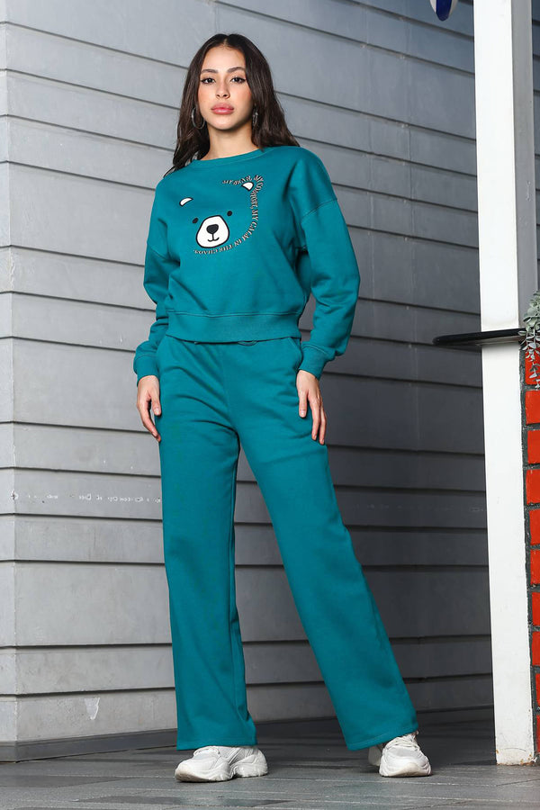 ONE SKY Women's Embroidered & Typographic Round Neck Tracksuit | Cotton Blend Long Sleeve Top & Mid-Rise Drawstring Flat Front Pants | 2 Pockets
