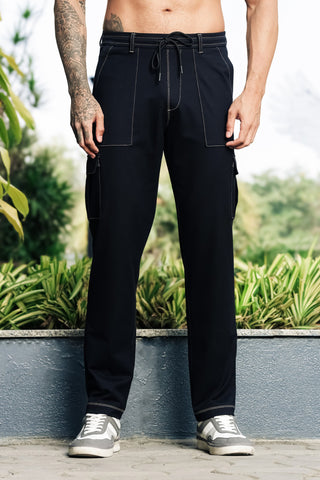 ONE SKY Men’s Cotton Blend Trousers | Mid Rise Casual Pants with Drawstring | 6 Pockets | Solid Color | Machine Wash