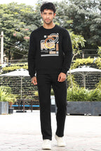 Men’s Typography Printed Tracksuit Set | Round Neck Long Sleeve Top & Drawstring Joggers | Cotton Blend | Mid-Rise Flat Front | 4 Pockets | Casual Athleisure Wear
