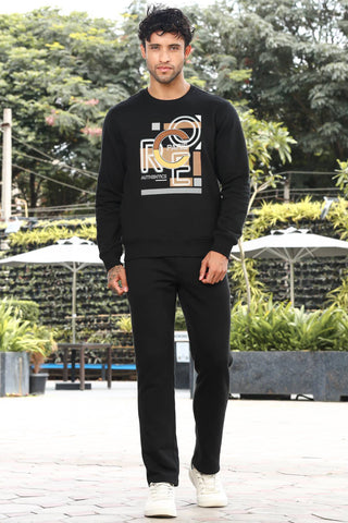 Men’s Typography Printed Tracksuit Set | Round Neck Long Sleeve Top & Drawstring Joggers | Cotton Blend | Mid-Rise Flat Front | 4 Pockets | Casual Athleisure Wear