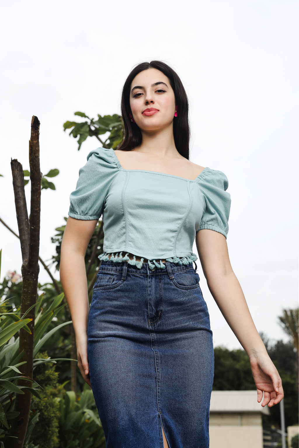 Womens Puff Sleeves Square Neck Crop Top with Tessles