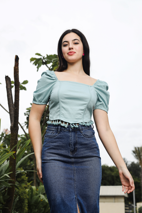 Womens Puff Sleeves Square Neck Crop Top with Tessles