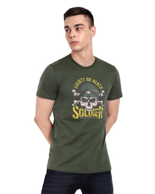 Men Olive Printed Round Neck T-Shirt