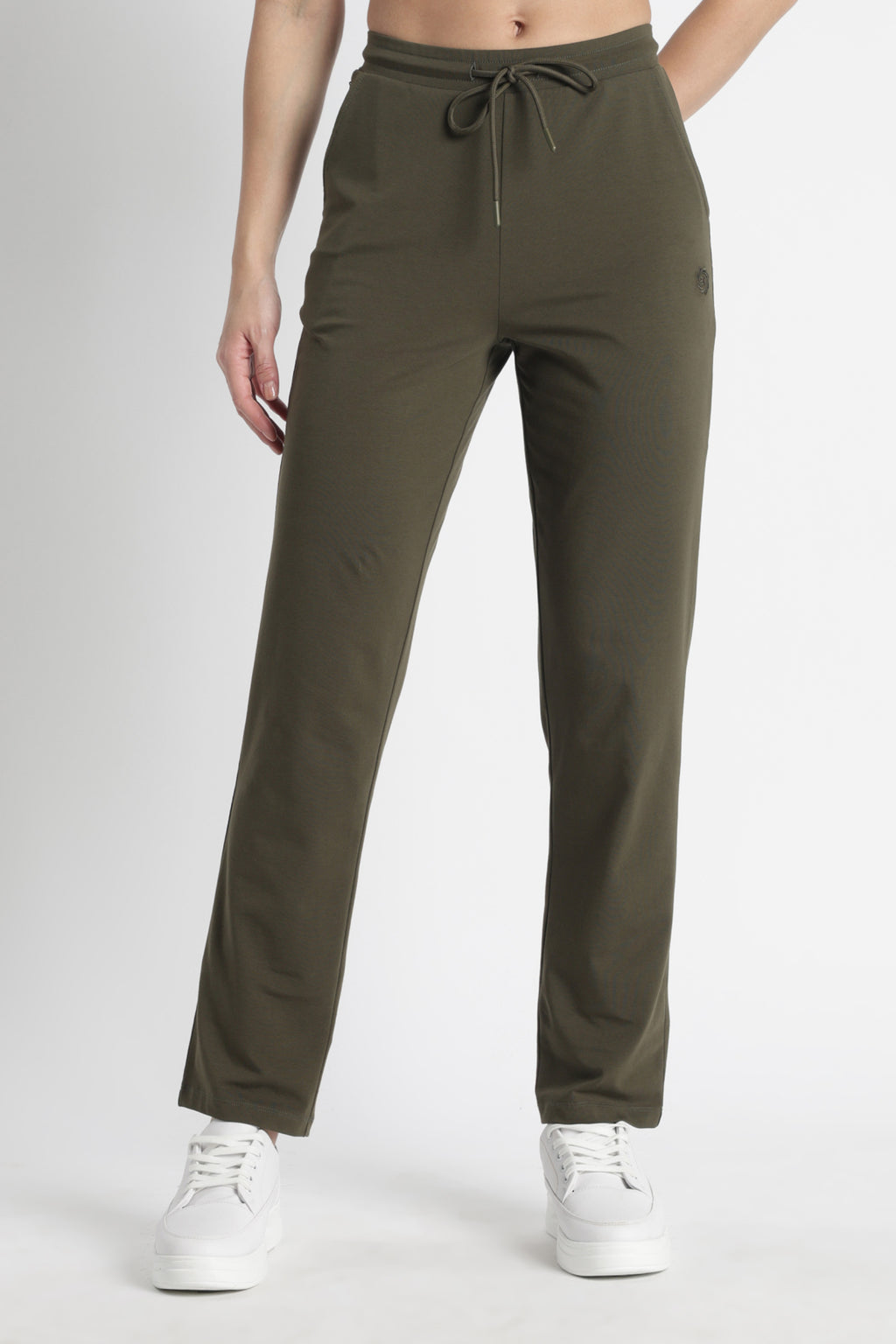 ONE SKY Women’s Cotton Spandex Track Pant – Solid Mid-Rise Drawstring Joggers with 3 Pockets, Casual Loungewear, Flat Front, Machine Washable