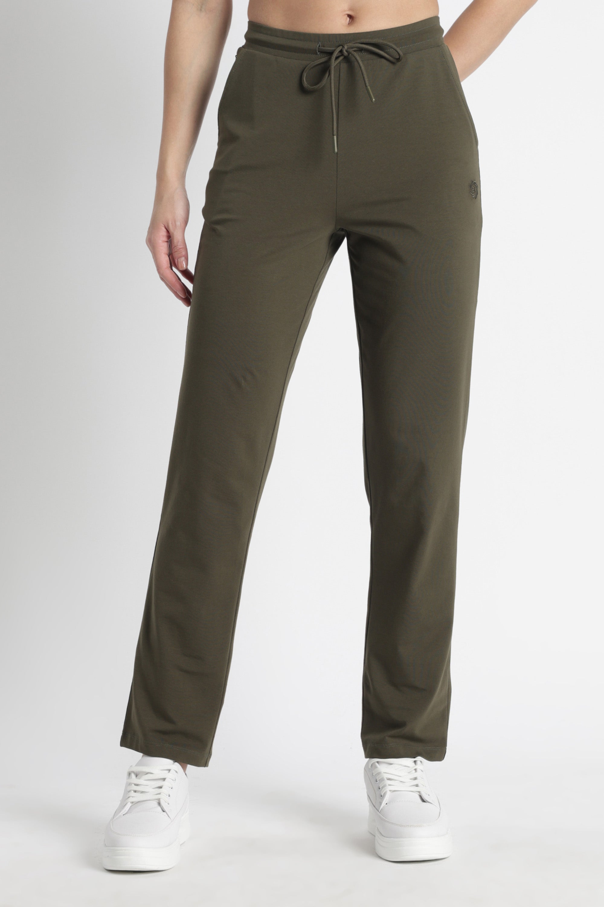 ONE SKY Women’s Cotton Spandex Track Pant – Solid Mid-Rise Drawstring Joggers with 3 Pockets, Casual Loungewear, Flat Front, Machine Washable