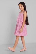 Girls Cotton Floral Print Sleeveless Pink Dress