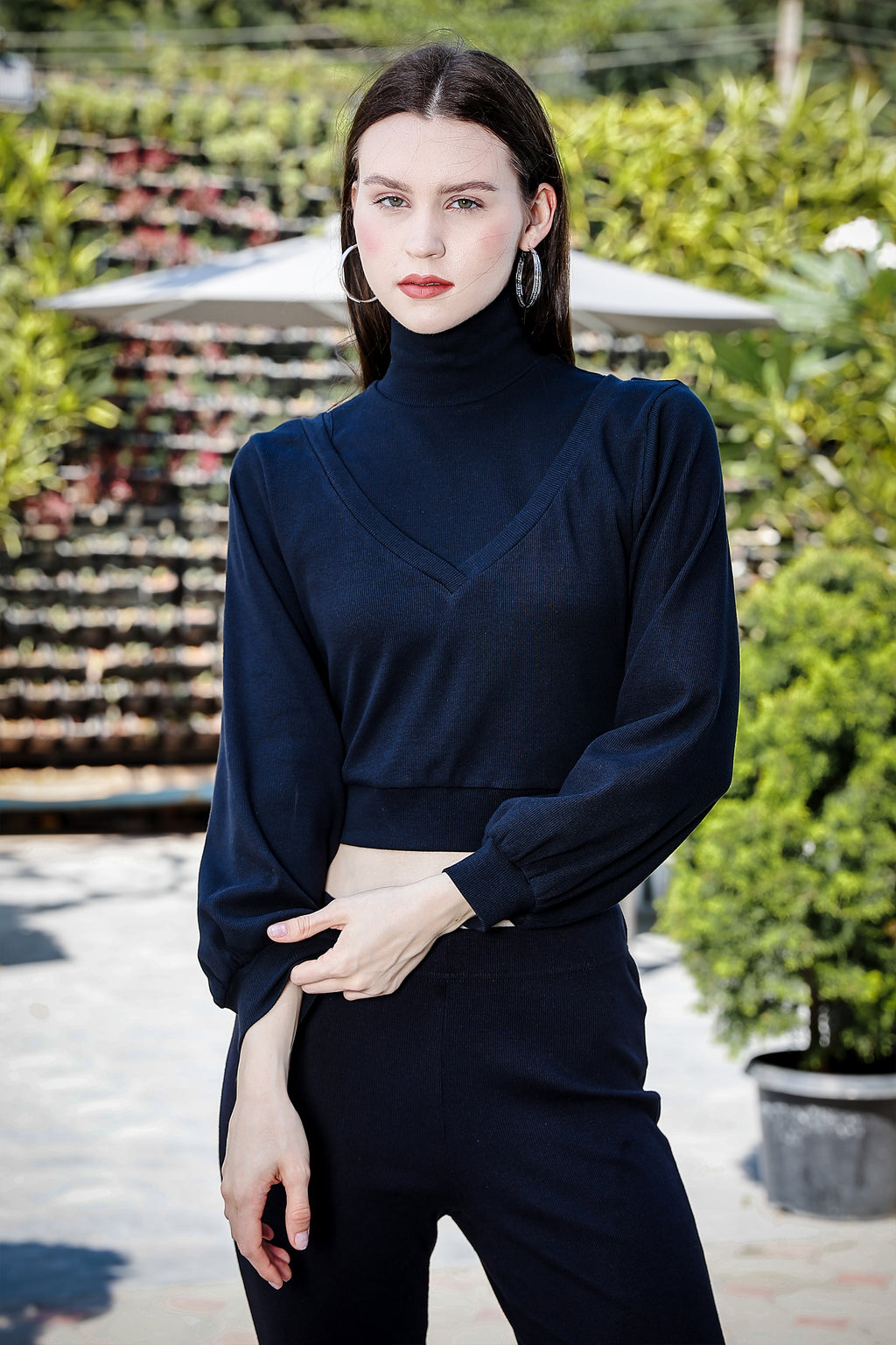 Women's 3-in-1 Versatile Crop Top with High Neck Inner & Full Sleeve Outer
