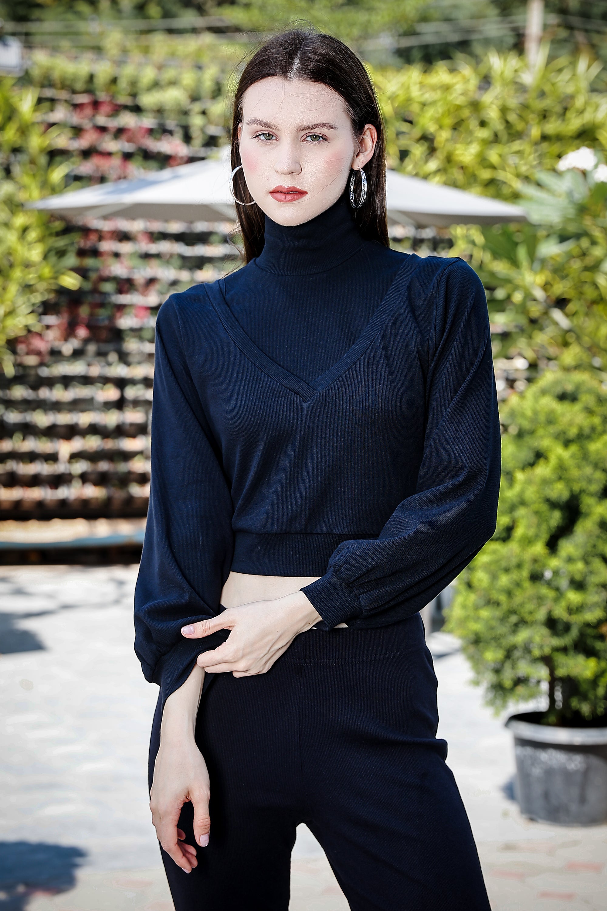 Women's 3-in-1 Versatile Crop Top with High Neck Inner & Full Sleeve Outer
