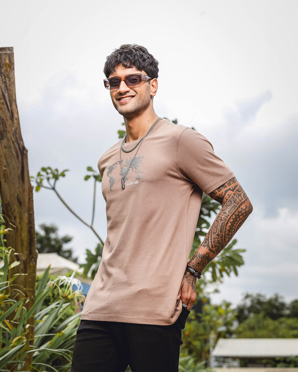 Men's Embroidered Round Neck Pure Cotton Brown T-Shirt