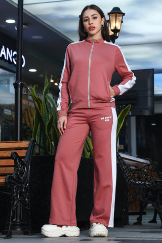 ONE SKY Women's Striped Typographic Tracksuit | Cotton Blend Zipper Jacket with Mock Collar & Drawstring Pants | 4 Pockets | Flat Front Design