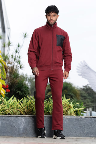 Men’s Solid Tracksuit Set | Mock Collar Zip-Up Jacket with 3 Pockets & Slip-On Joggers | Cotton Blend | Mid-Rise Flat Front | Long Sleeves | Casual Athleisure Wear