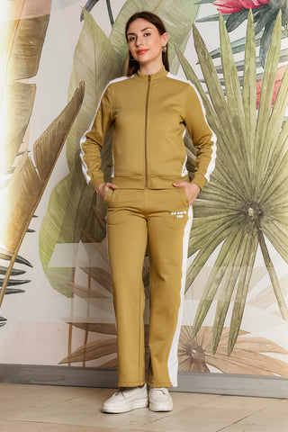 ONE SKY Women's Striped Typographic Tracksuit | Cotton Blend Zipper Jacket with Mock Collar & Drawstring Pants | 4 Pockets | Flat Front Design