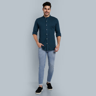 Men Navy Chinese Collar Formal Shirt