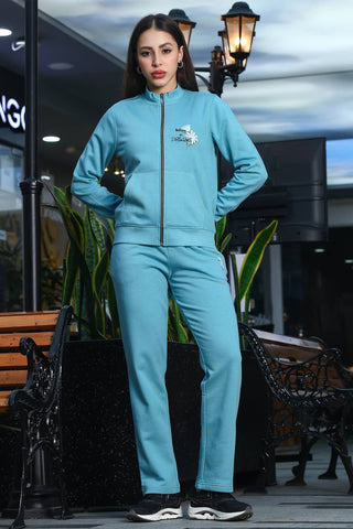 ONE SKY Women's Embroidered Front Open Tracksuit | Cotton Blend Co-ord Set with Zipper Top & Slip-On Bottom | Typography Detail & 4 Pockets