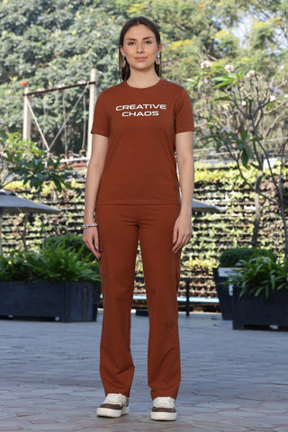 ONE SKY Women’s Cotton Spandex Half Sleeve Co-Ord Set – Printed Typography Round Neck Top & Mid-Rise Drawstring Bottom, Casual 2-Piece Loungewear, Machine Washable