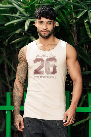 ONE SKY Men’s Cotton Spandex Printed Tank Top | Sleeveless Round Neck Casual Vest | Typography Print | Stretch Fabric | Machine Wash