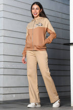 ONE SKY Women's Embroidered Colorblock Tracksuit | Cotton Blend Co-ord Set with Hooded Zipper Top & Drawstring Pants | 4 Pockets