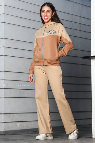 ONE SKY Women's Embroidered Colorblock Tracksuit | Cotton Blend Co-ord Set with Hooded Zipper Top & Drawstring Pants | 4 Pockets