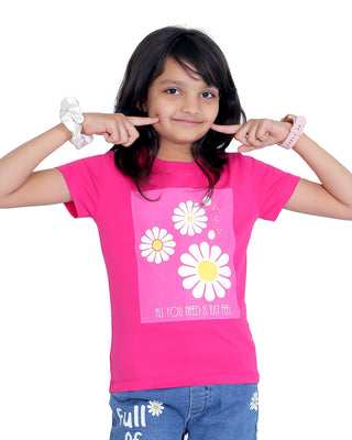 Girls Fuchsia Floral Printed T-Shirt