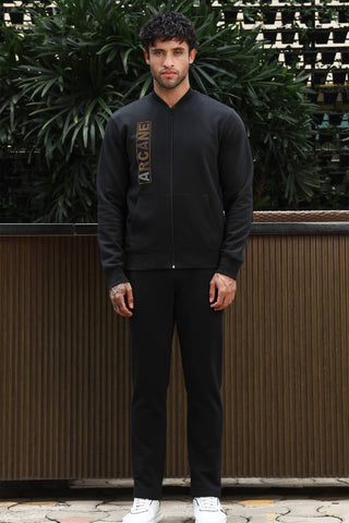 Men’s Typography Printed Tracksuit Set | Stand Collar Zip-Up Jacket & Slip-On Joggers | Cotton Blend | Mid-Rise Flat Front | 4 Pockets | Long Sleeves | Casual Athleisure