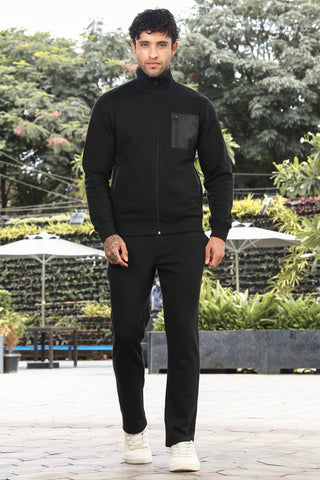 Men’s Solid Tracksuit Set | Mock Collar Zip-Up Jacket with 3 Pockets & Slip-On Joggers | Cotton Blend | Mid-Rise Flat Front | Long Sleeves | Casual Athleisure Wear