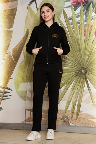 ONE SKY Women's Printed Hooded Tracksuit | Cotton Blend Co-ord Set with Zipper Jacket & Slip-On Pants | Typographic Design & 4 Pockets