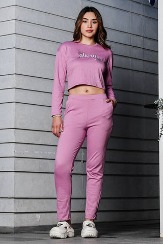 WOMEN ROUND NECK PURPLE FULL SLV  CO-ORD SET